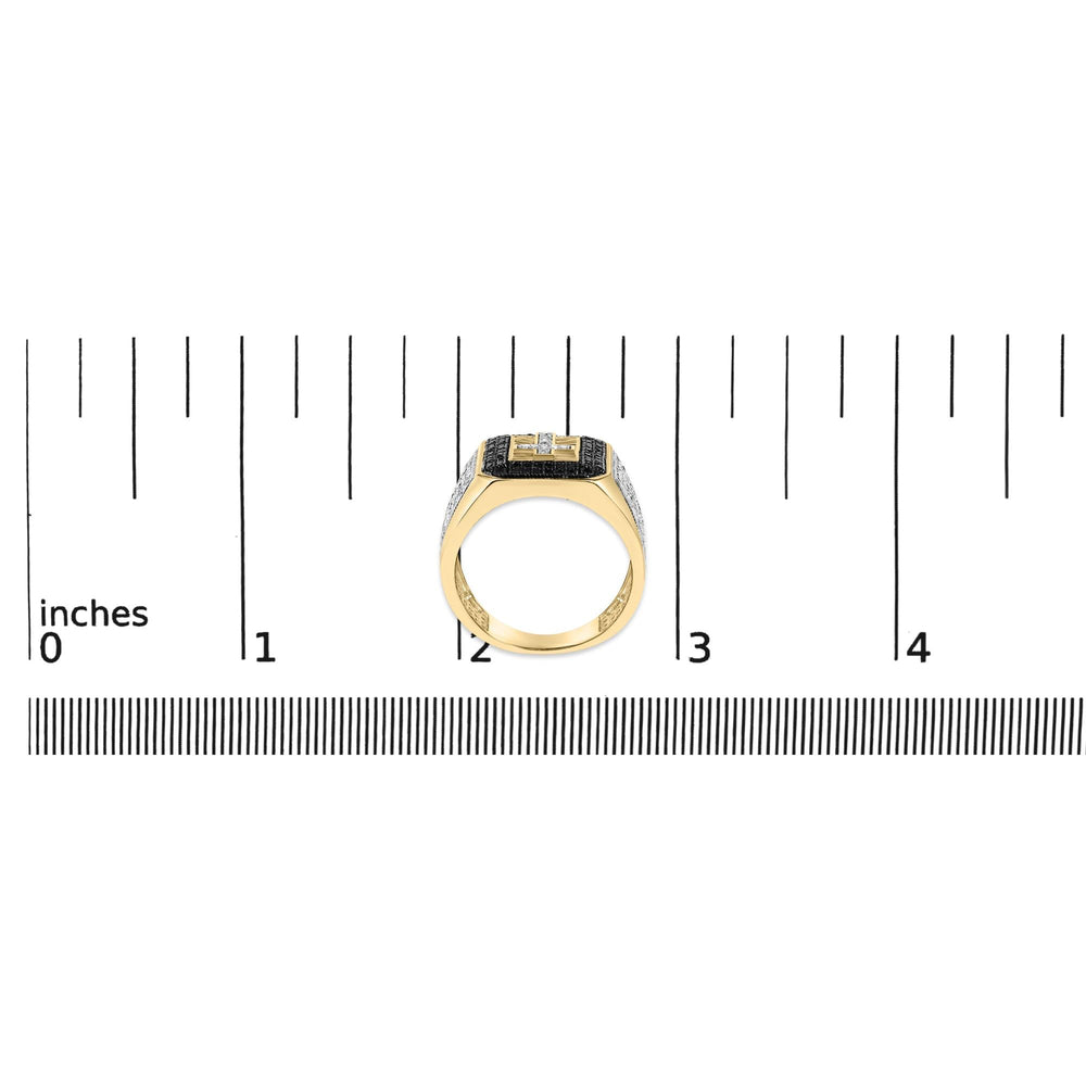Men's 14K Yellow Gold Plated .925 Sterling Silver 1 1/2 Cttw White and Black Diamond Cross Signet Ring