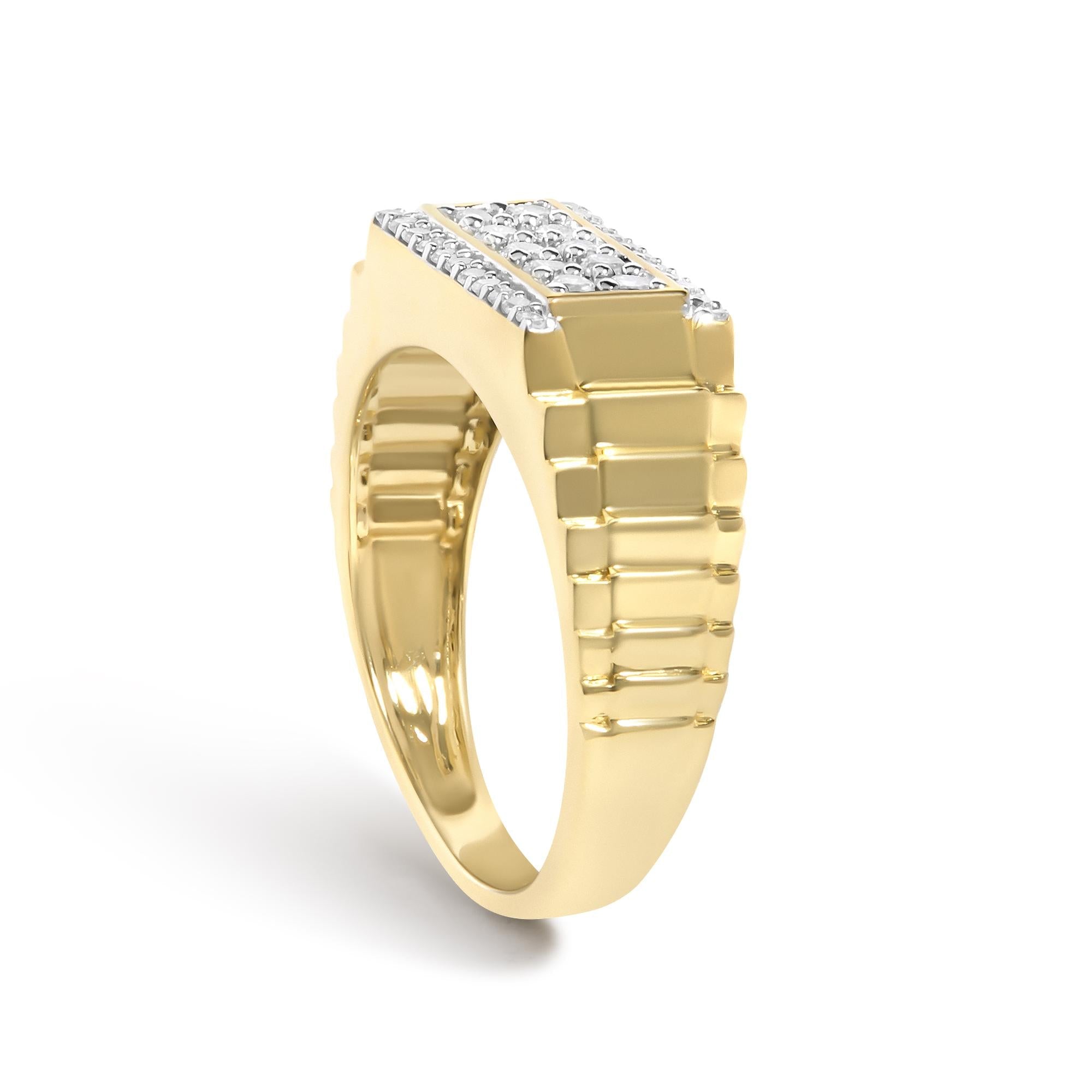 Men's 14K Yellow Gold Plated Sterling Silver Natural 1/2 Cttw Diamond Rectangular Halo Band Ring