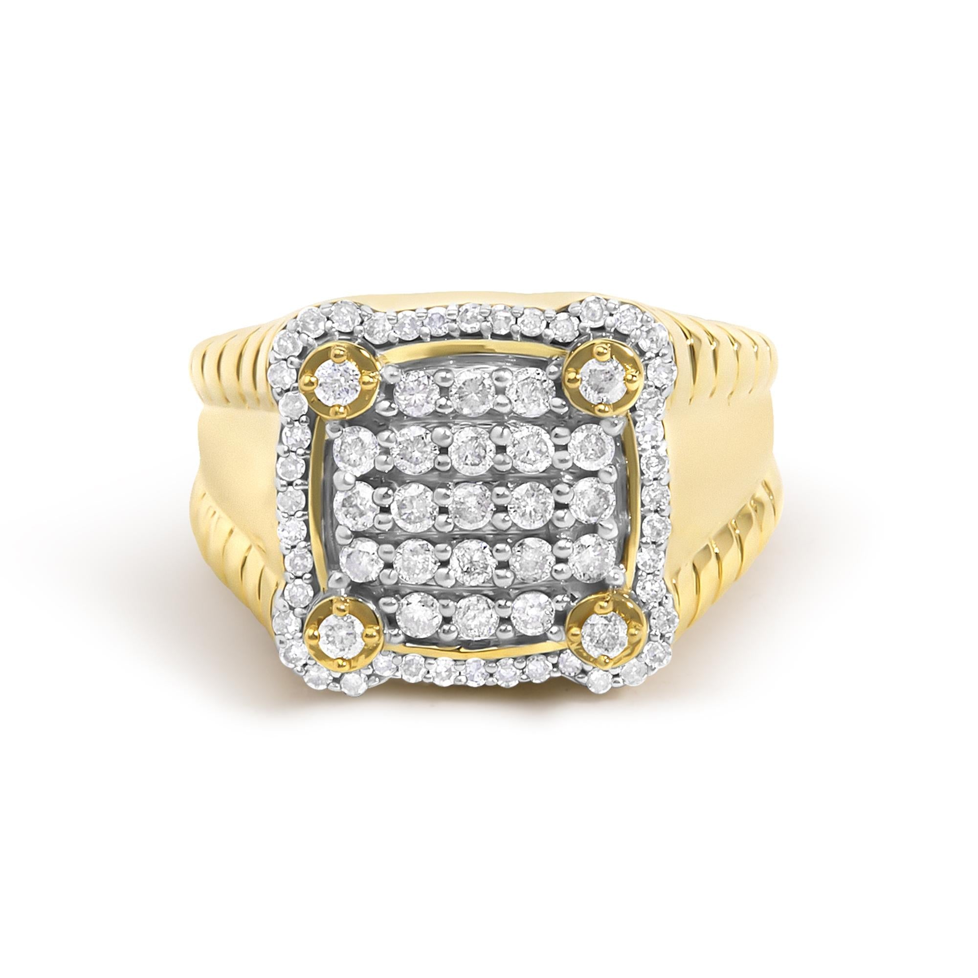 Men's 14K Yellow Gold Plated Sterling Silver 1.0 Cttw Diamond Square Motif Band Ring