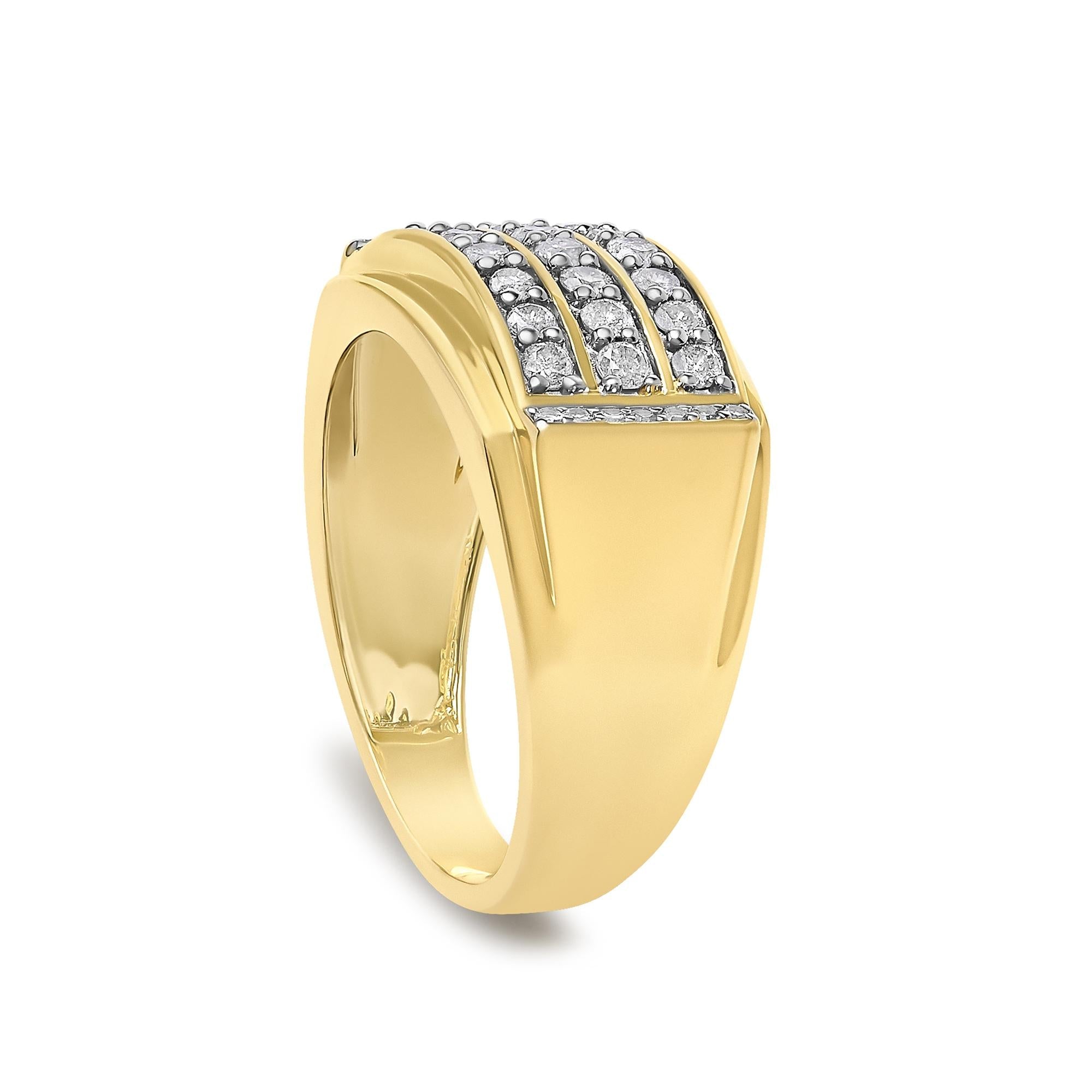 Men's 14K Yellow Gold Plated Sterling Silver 3/4 Cttw Diamond 3 Row Band Ring