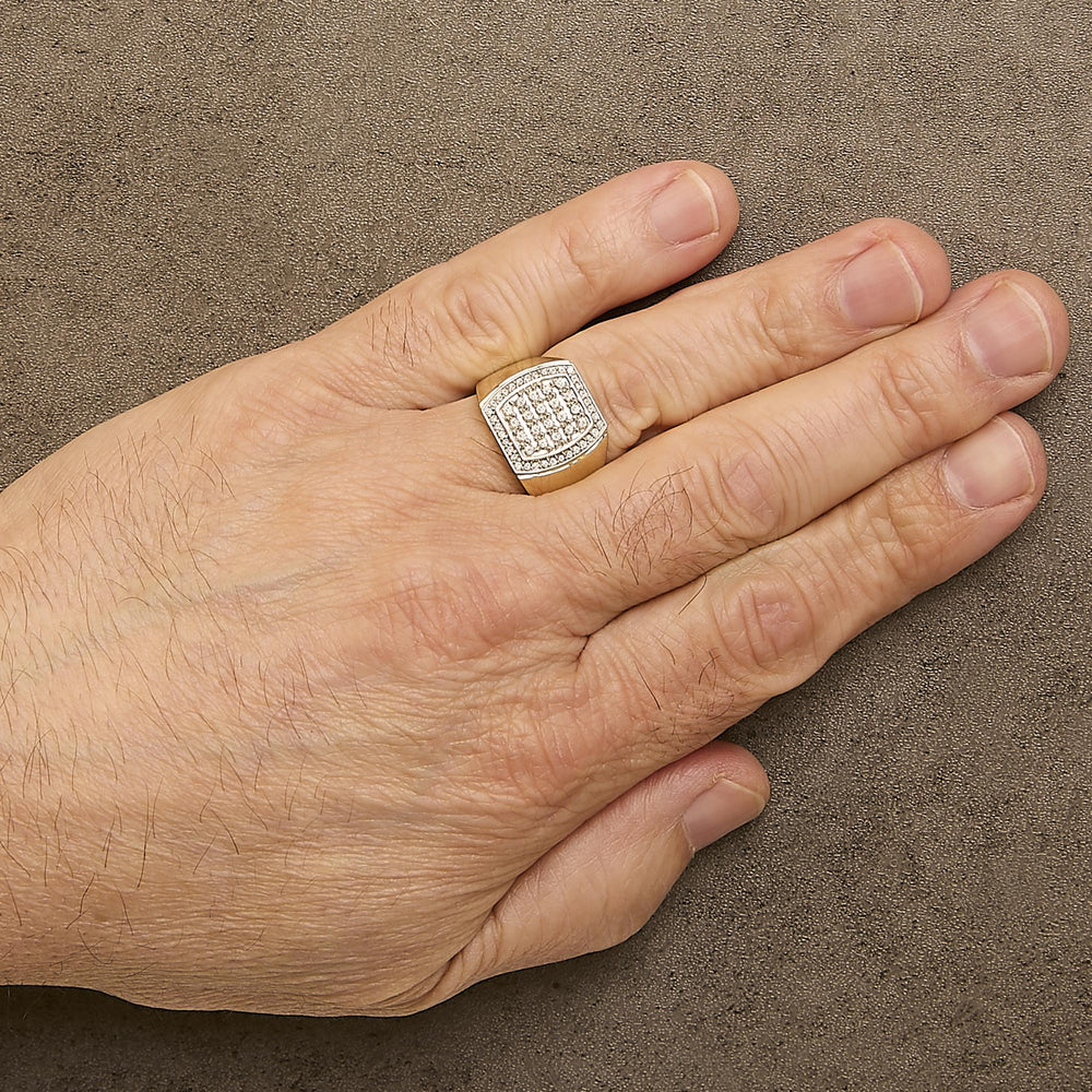 Men's 14K Yellow Gold Plated Sterling Silver 3/4 Cttw Diamond Cushion Head and Halo Band Ring