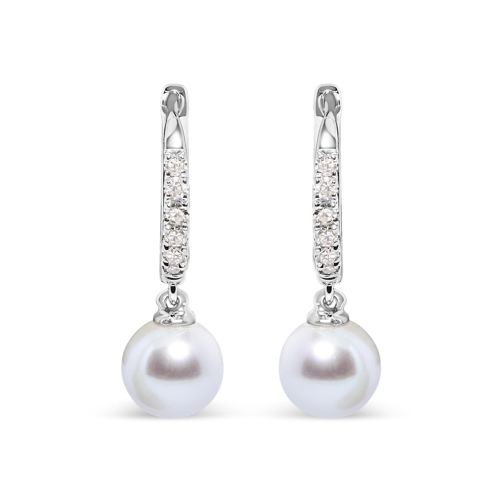 10K White Gold 6x6 MM Cultured Freshwater Pearl and Diamond Accent Drop Huggy Earring (H-I Color, I1-I2 Clarity)