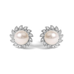 10K White Gold Heirloom-Style Pearl and Diamond Accent Halo Stud Earrings (I-J color, I1-I2 Clarity)