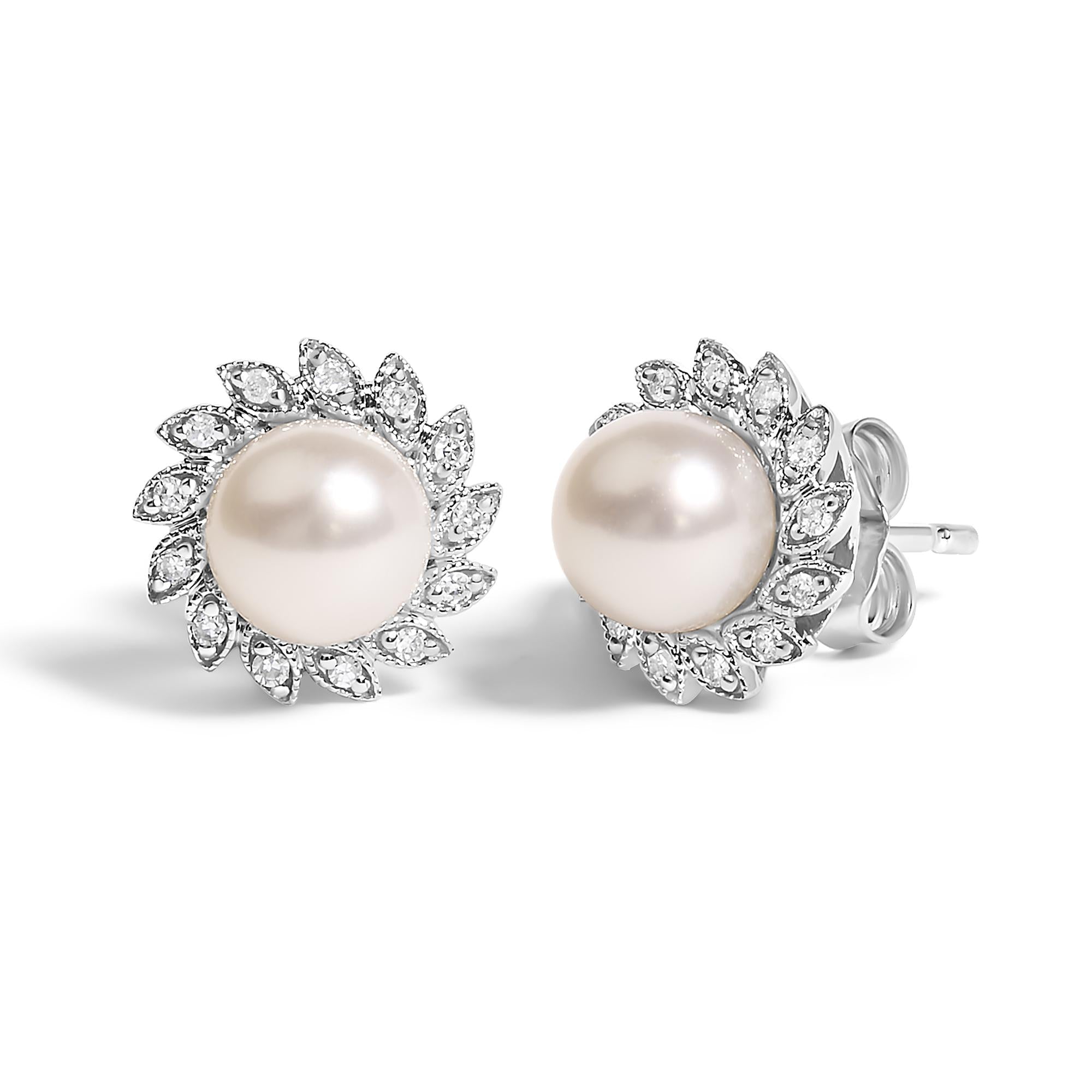 10K White Gold Heirloom-Style Pearl and Diamond Accent Halo Stud Earrings (I-J color, I1-I2 Clarity)