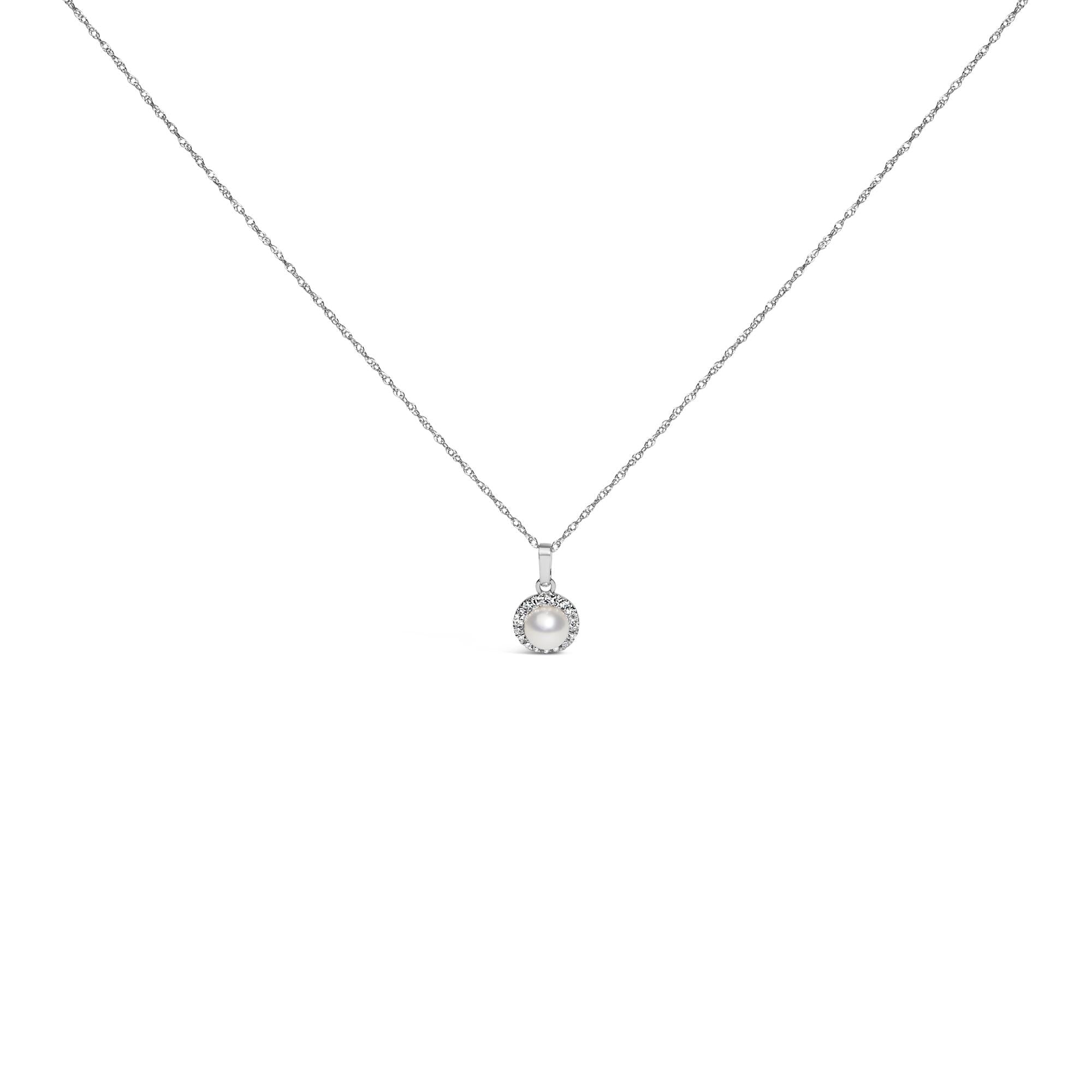 10K White Gold 5MM Cultured Pearl and Diamond Accent Halo Pendant Necklace