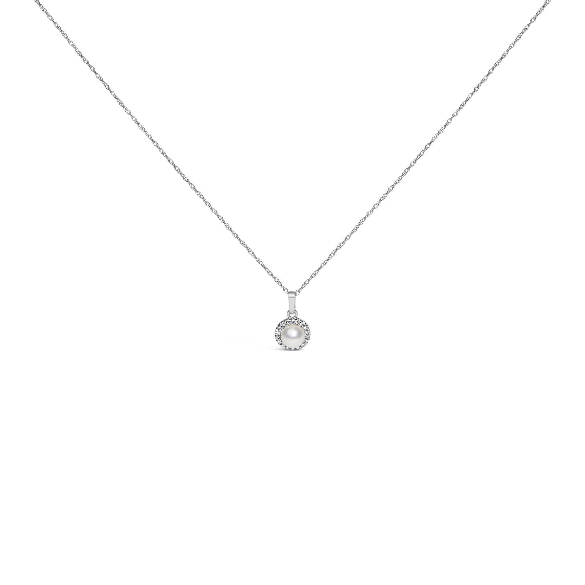 10K White Gold 5MM Cultured Pearl and Diamond Accent Halo Pendant Necklace