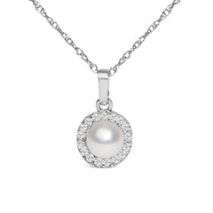 10K White Gold 5MM Cultured Pearl and Diamond Accent Halo Pendant Necklace