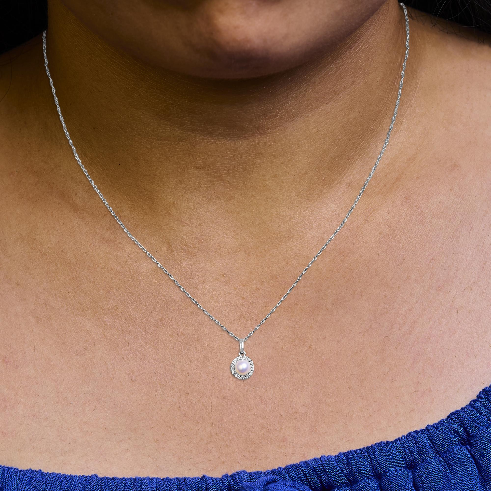 10K White Gold 5MM Cultured Pearl and Diamond Accent Halo Pendant Necklace
