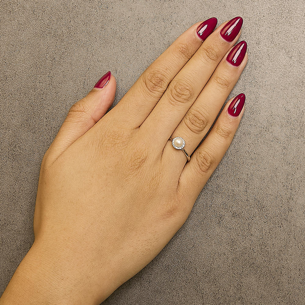 10K White Gold 5MM Cultured Freshwater Pearl  and Diamond Halo Ring (I-J Color, I1-I2 Clarity)
