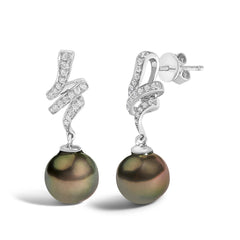 14K White Gold 9MM Cultured Black Pearl and Diamond Accent Drop and Dangle Earrings (I-J Color, SI1-SI2 Clarity)