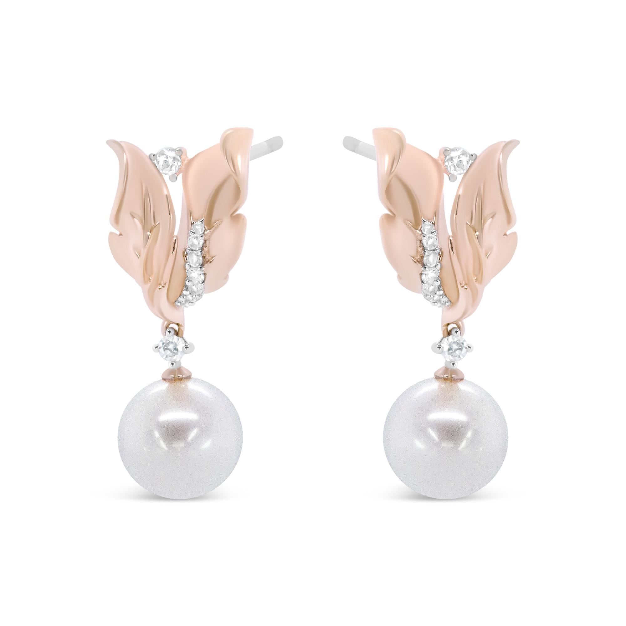 14K Rose Gold 1/6 Cttw Round Diamond and 8mm Round Pearl Floral Drop Stud Earrings (H-I Color, I1-I2 Clarity)