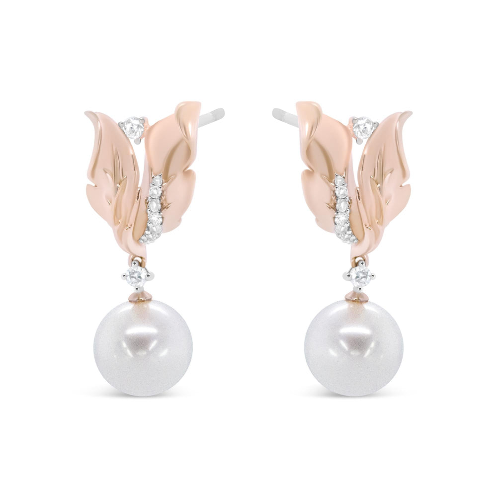 14K Rose Gold 1/6 Cttw Round Diamond and 8mm Round Pearl Floral Drop Stud Earrings (H-I Color, I1-I2 Clarity)