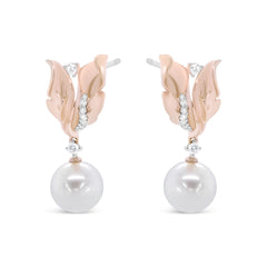 14K Rose Gold 1/6 Cttw Round Diamond and 8mm Round Pearl Floral Drop Stud Earrings (H-I Color, I1-I2 Clarity)