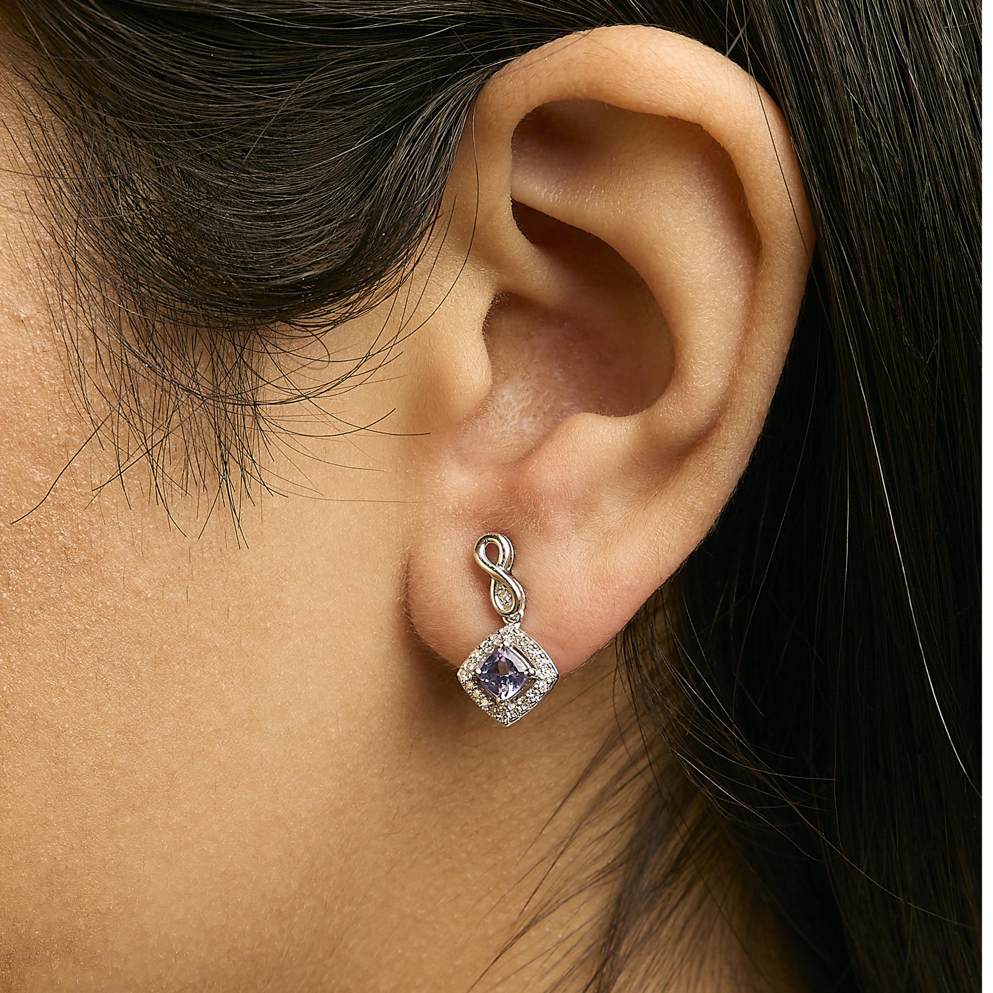 10K White Gold Blue Purple Tanzanite and Diamond Halo Cushion Shaped Drop Earrings (I-J Color, I1-I2 Clarity)
