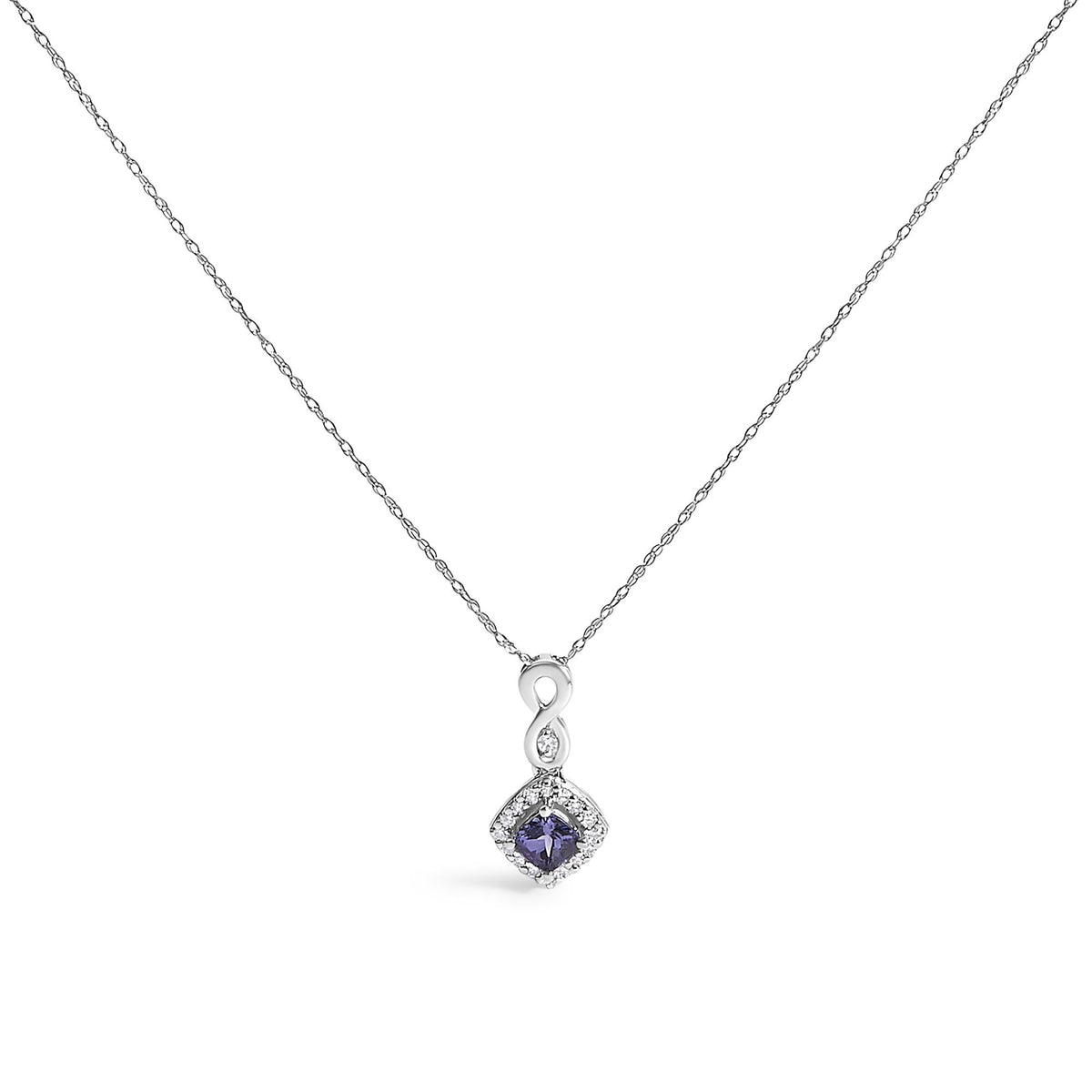 10K White Gold Blue Purple Tanzanite and Diamond Accent Cushion Drop Pendant Necklace - 18" Inches