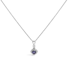 10K White Gold Blue Purple Tanzanite and Diamond Accent Cushion Drop Pendant Necklace - 18" Inches