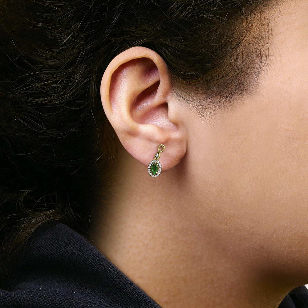 10K Yellow Gold Oval Cut Green Emerald 5x3 mm and 1/7 Cttw Round Diamond Dangle Earrings
