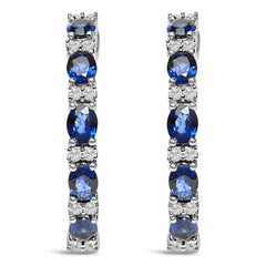 14K White Gold 4x3mm Oval Blue Sapphire and 1/4 Cttw Diamond Alternating Hoop Earring (I-J Color, SI2-I1 Clarity)