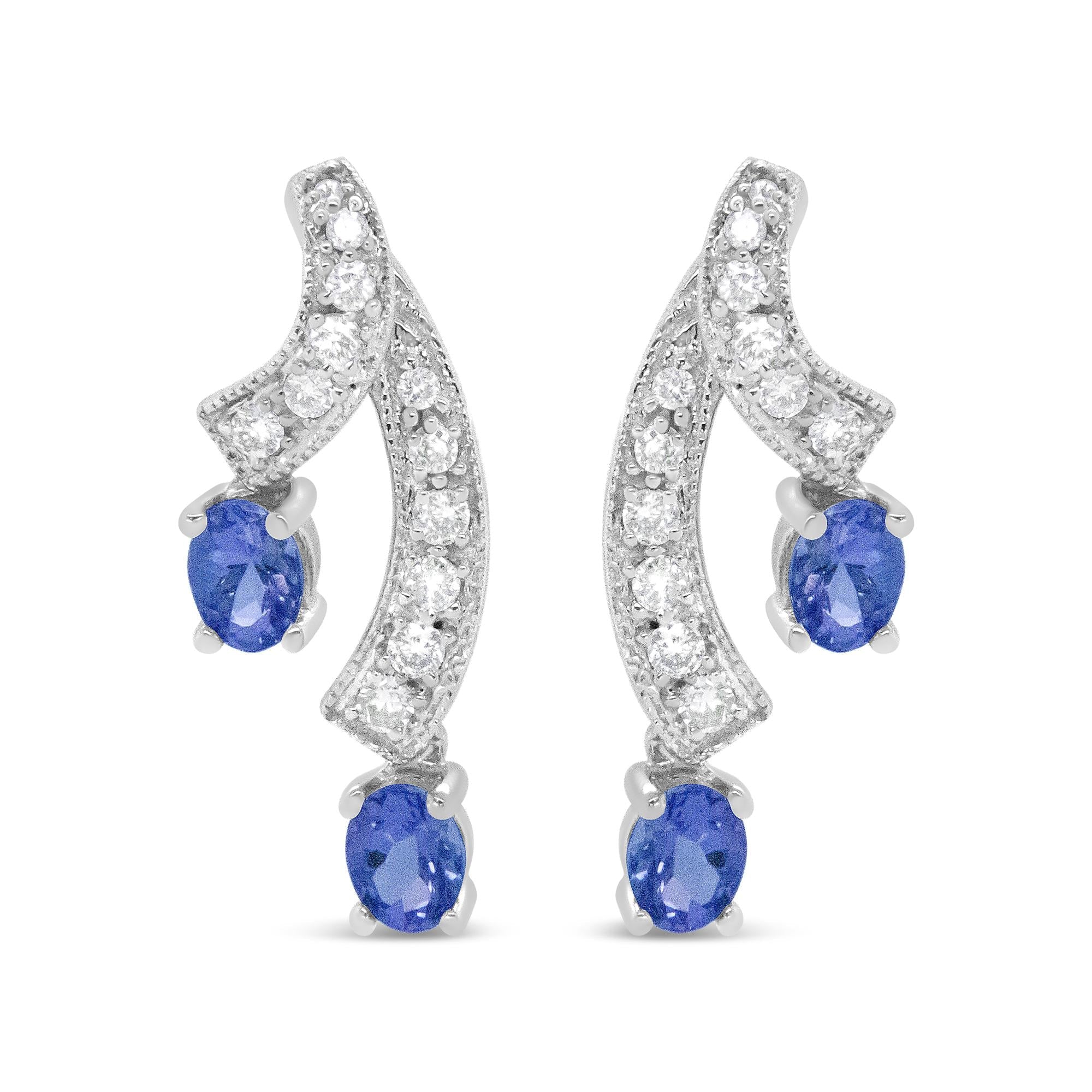 14K White Gold 4x3MM Oval Shaped Natural Blue Tanzanite Gemstone and 1/5 Cttw Diamond Double 3/4" Inch Drop Stud Earrings (H-I Color, VS1-VS2 Clarity)