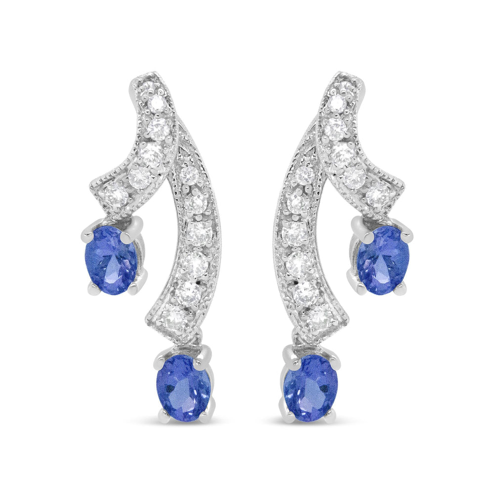 14K White Gold 4x3MM Oval Shaped Natural Blue Tanzanite Gemstone and 1/5 Cttw Diamond Double 3/4" Inch Drop Stud Earrings (H-I Color, VS1-VS2 Clarity)