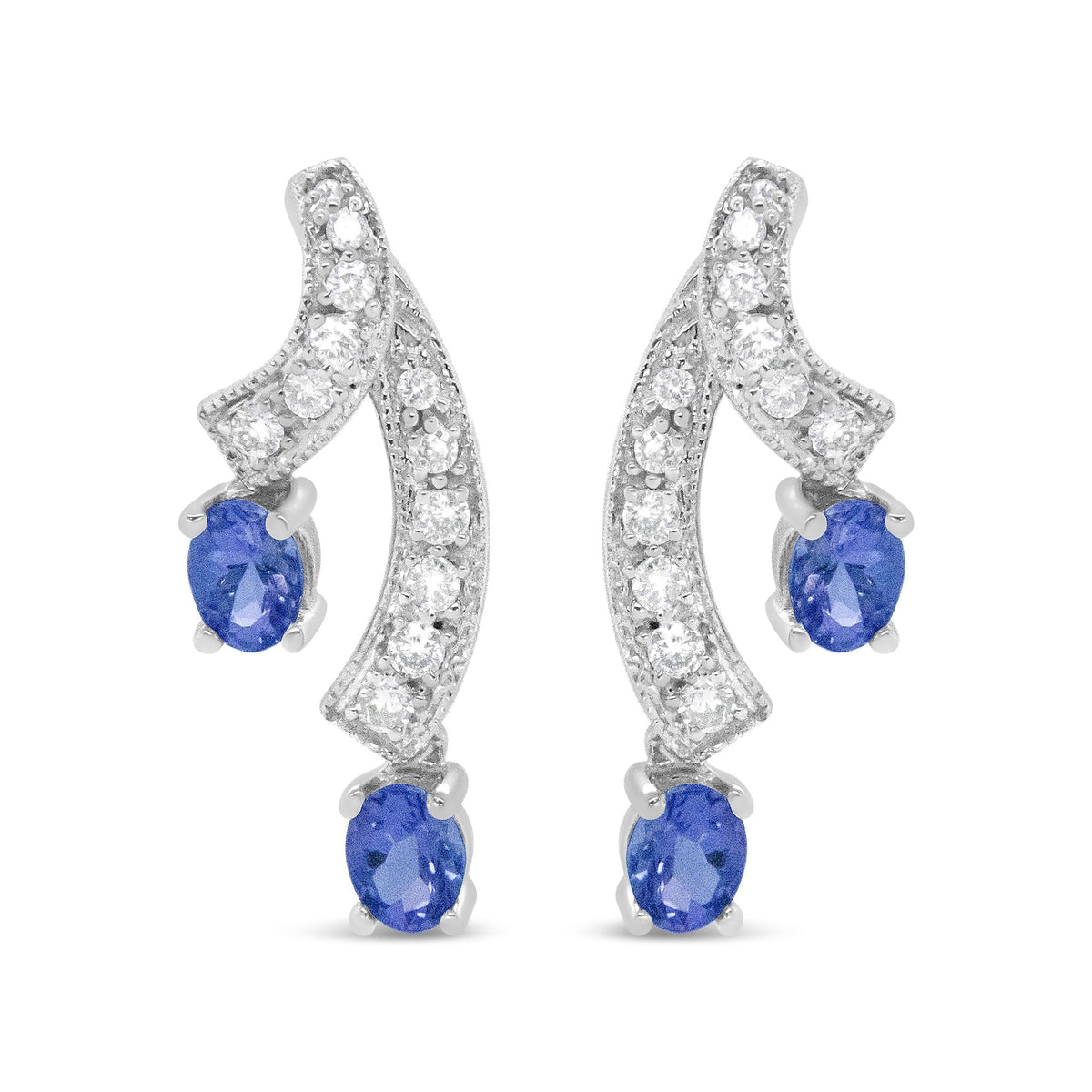 14K White Gold 4x3MM Oval Shaped Natural Blue Tanzanite Gemstone and 1/5 Cttw Diamond Double 3/4" Inch Drop Stud Earrings (H-I Color, VS1-VS2 Clarity)