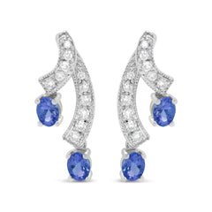 14K White Gold 4x3MM Oval Shaped Natural Blue Tanzanite Gemstone and 1/5 Cttw Diamond Double 3/4" Inch Drop Stud Earrings (H-I Color, VS1-VS2 Clarity)