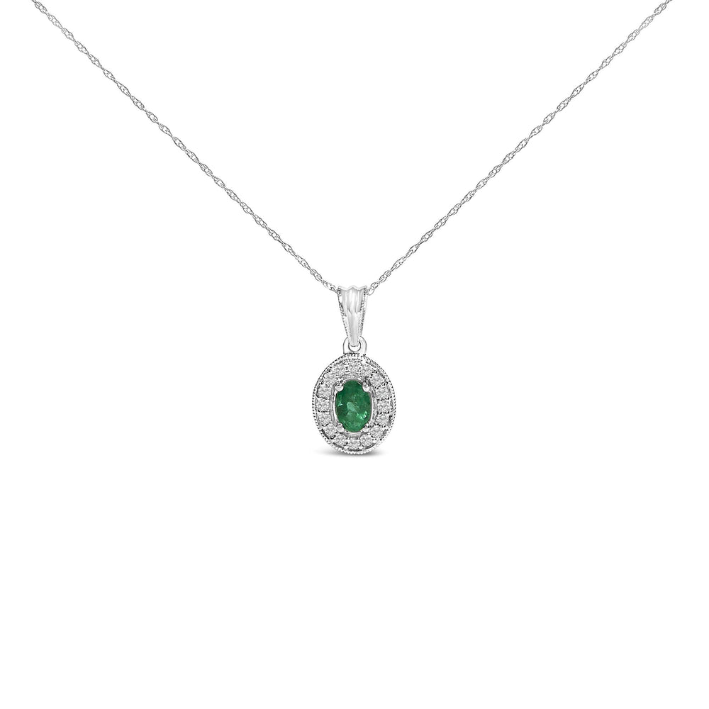 14K White Gold Oval 6x4 MM Green Emerald and Diamond Halo Pendant Necklace - 18 inch