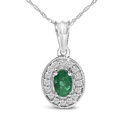 14K White Gold Oval 6x4 MM Green Emerald and Diamond Halo Pendant Necklace - 18 inch