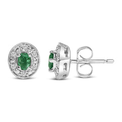 14K White Gold Oval Green Emerald and 1/10 Cttw Diamond Halo Stud Earrings  (I-J Color, I1-I2 Clarity)