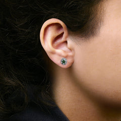 14K White Gold Oval Green Emerald and 1/10 Cttw Diamond Halo Stud Earrings  (I-J Color, I1-I2 Clarity)