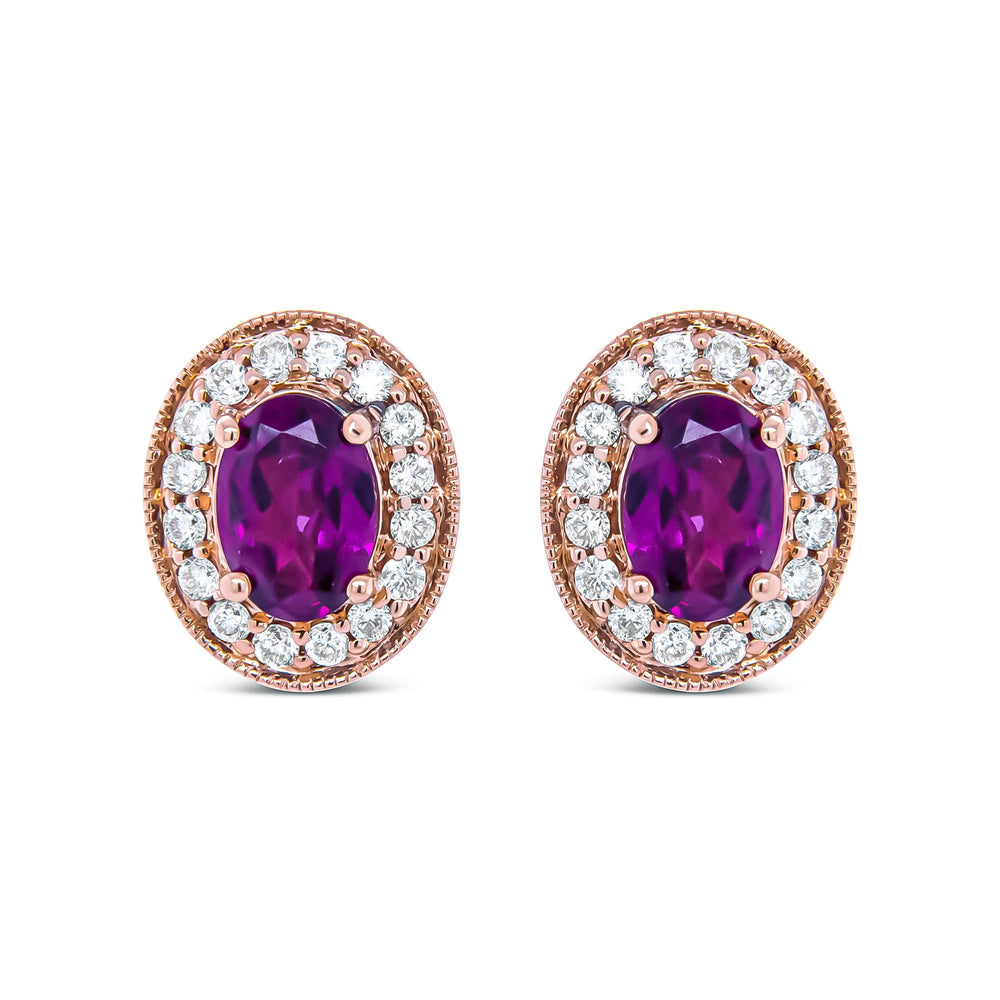 14K Rose Gold 7x5mm Oval Cut Garnet and 3/8 Cttw Round Diamond Halo Stud Earrings (G-H Color, SI1-SI2 Clarity)