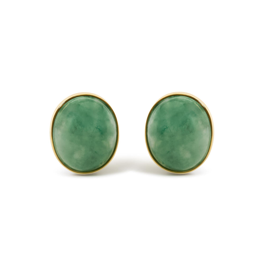 18K Yellow Gold 12x10 MM Bezel Set Oval Green Aventurine Stud Earrings