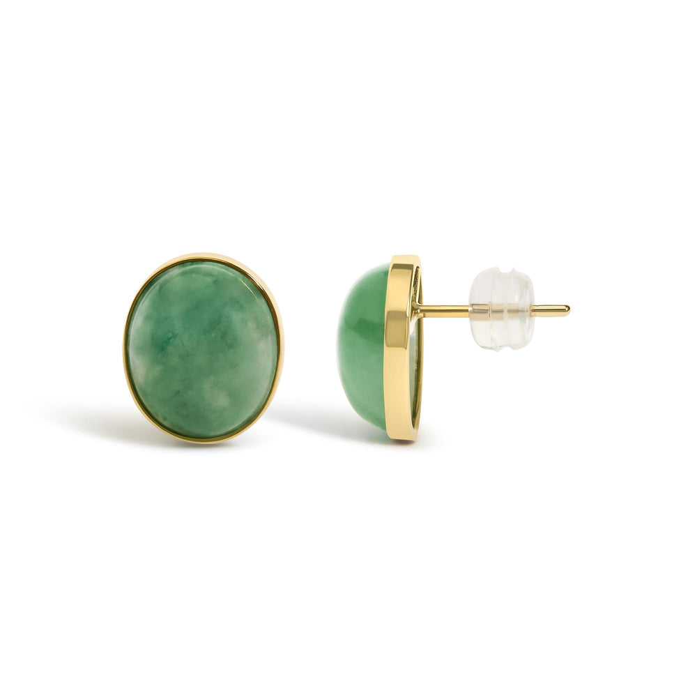 18K Yellow Gold 12x10 MM Bezel Set Oval Green Aventurine Stud Earrings