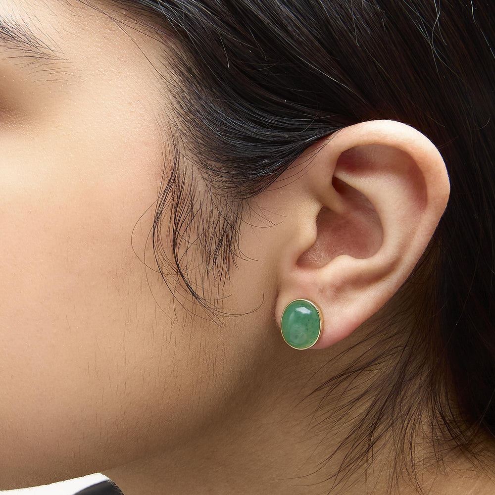18K Yellow Gold 12x10 MM Bezel Set Oval Green Aventurine Stud Earrings