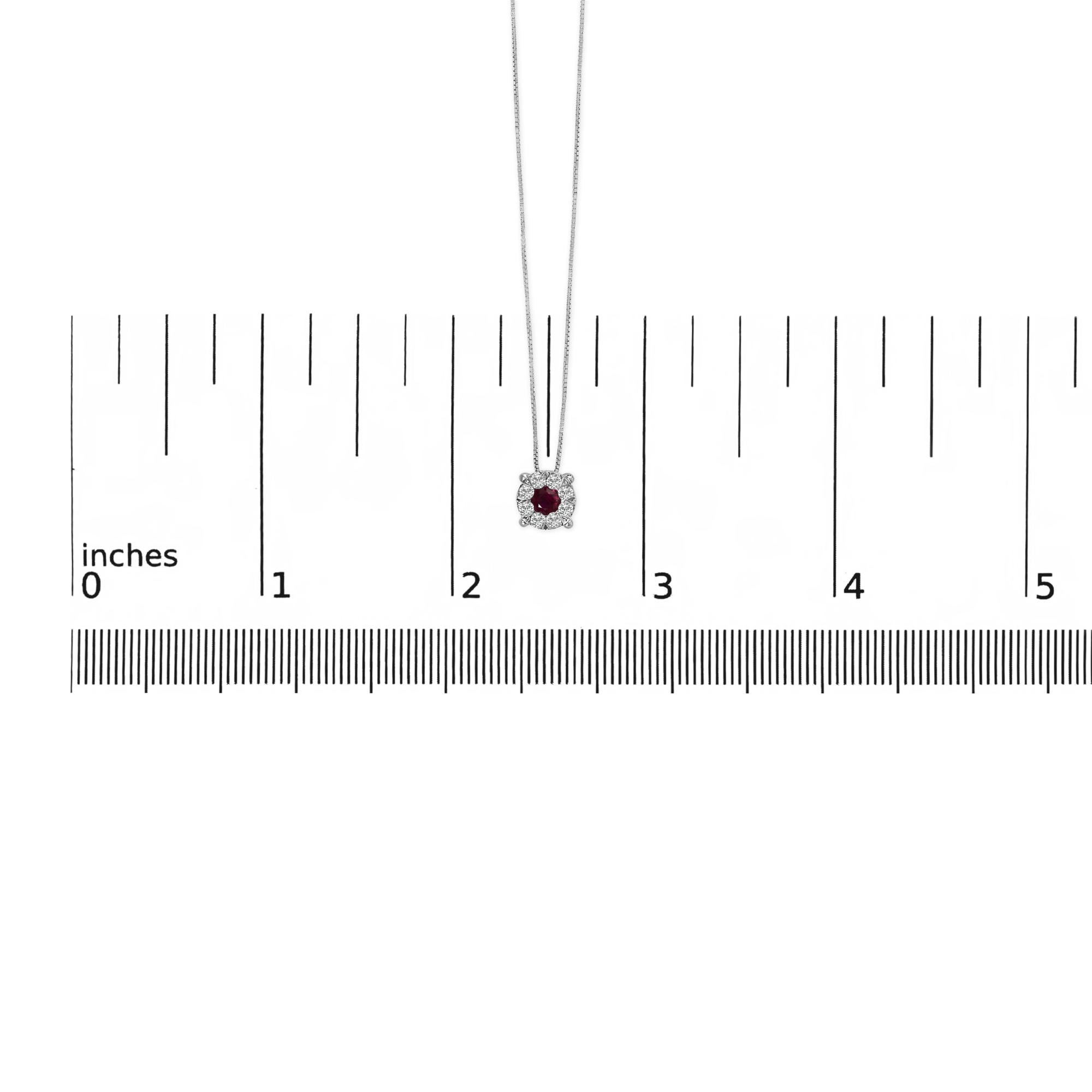 14K White Gold Red Ruby and 1/3 Cttw Diamond Halo Pendant Necklace