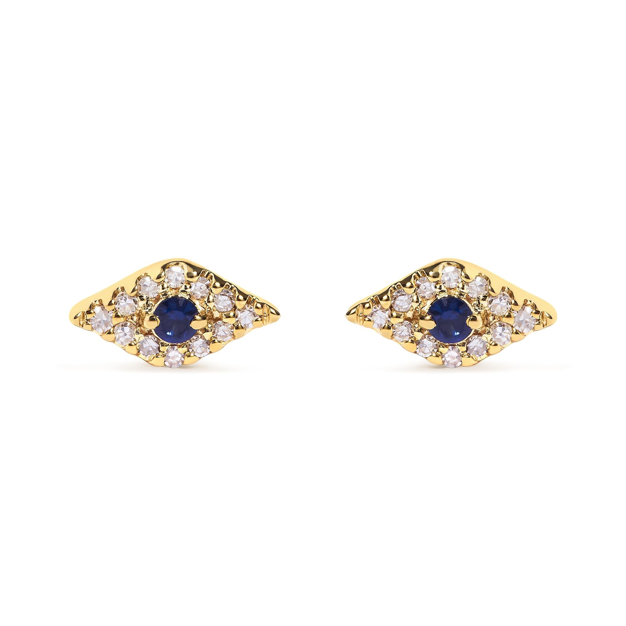 10K Yellow Gold Blue Sapphire and Diamond Accent Evil Eye Stud Earring (H-I Color, I1-I2 Clarity)