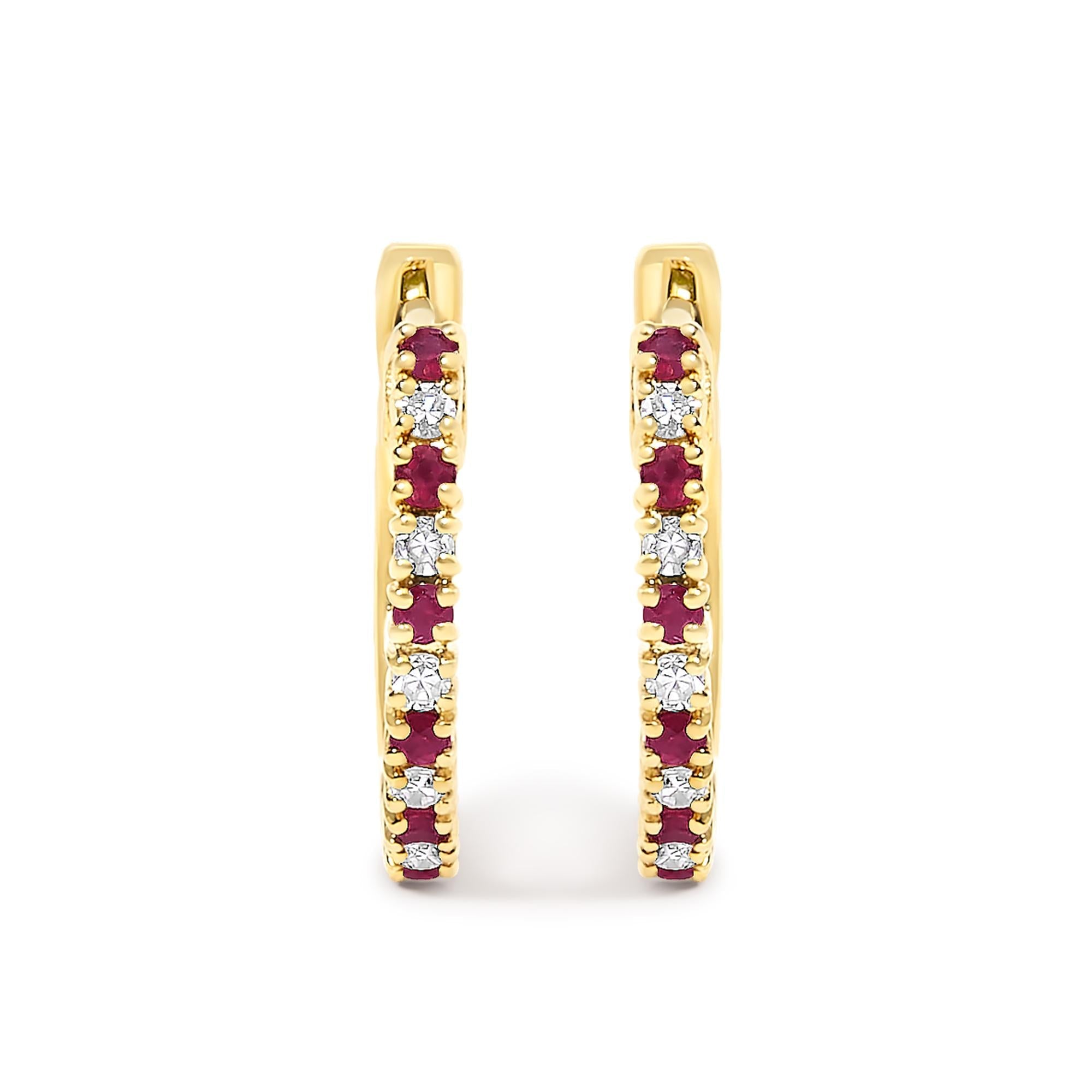 10K Gold Alternating Diamond and Red Ruby Huggy Hoop Earrings