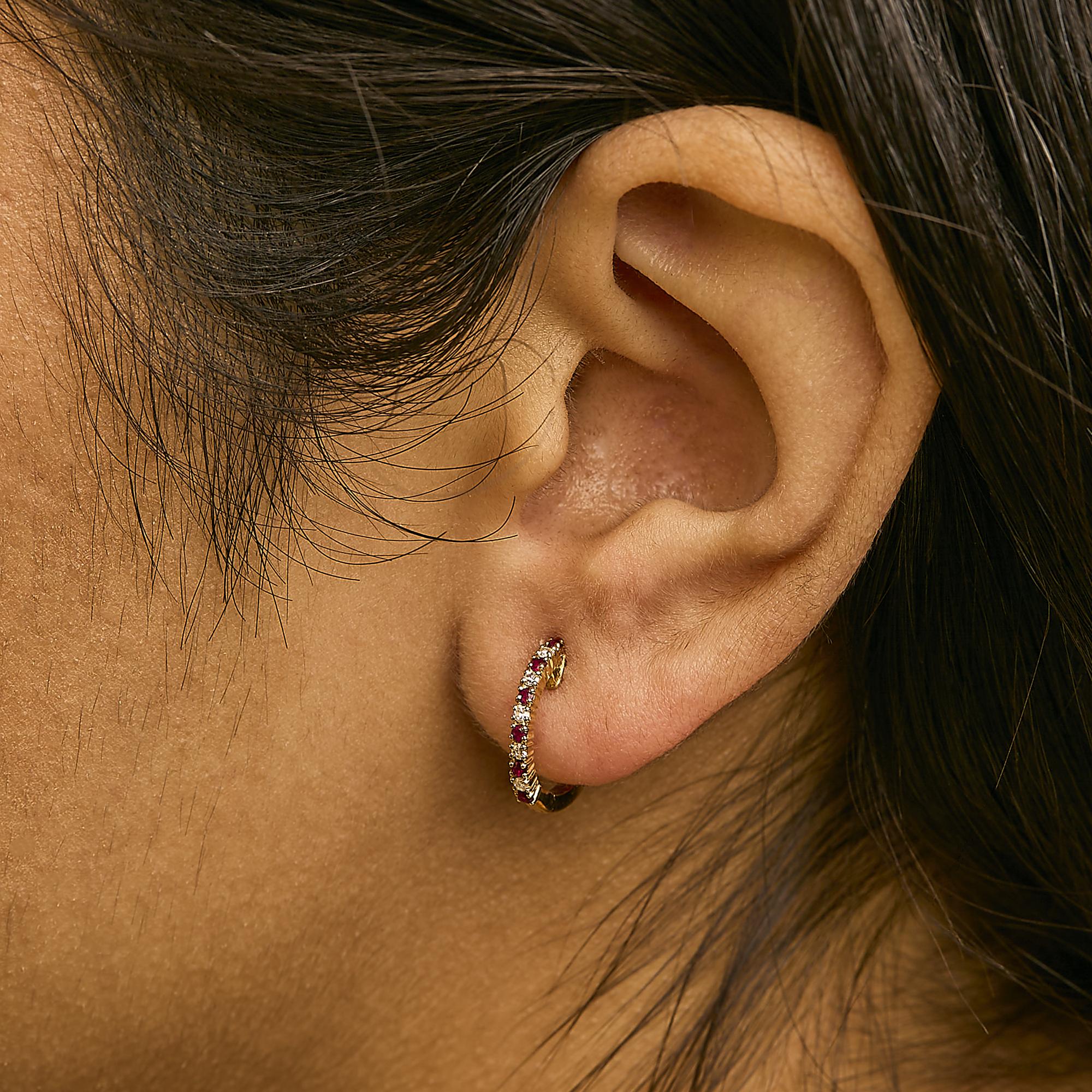 10K Gold Alternating Diamond and Red Ruby Huggy Hoop Earrings