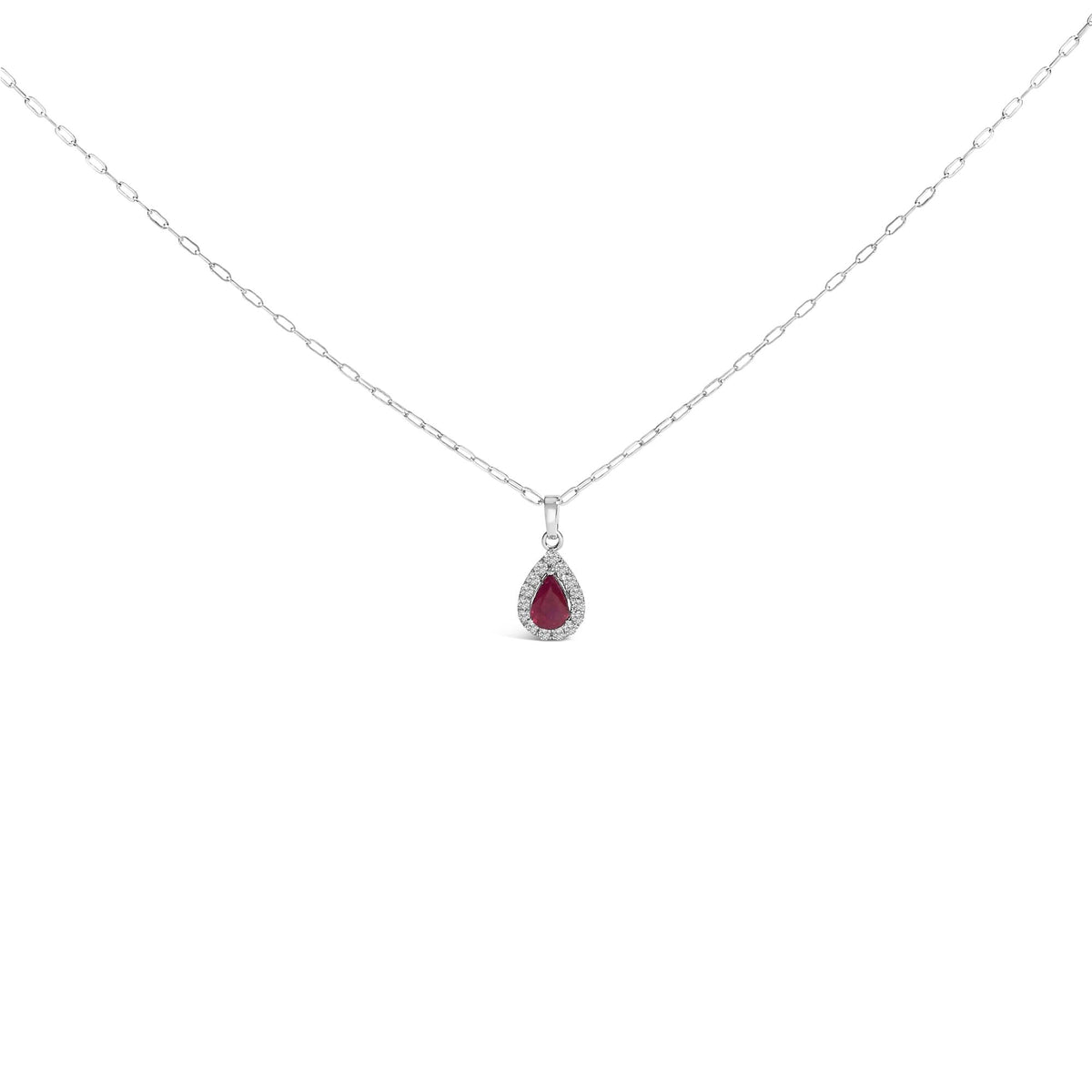 14K White Gold 6x4 Pear Red Ruby and Diamond Halo Pendant Necklace - 18" Inches