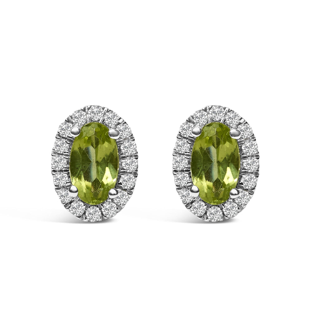 10K White Gold 5x3 MM Oval Cut Birthstone and Diamond Halo Stud Earrings (I-J Color, I1-I2 Clarity)