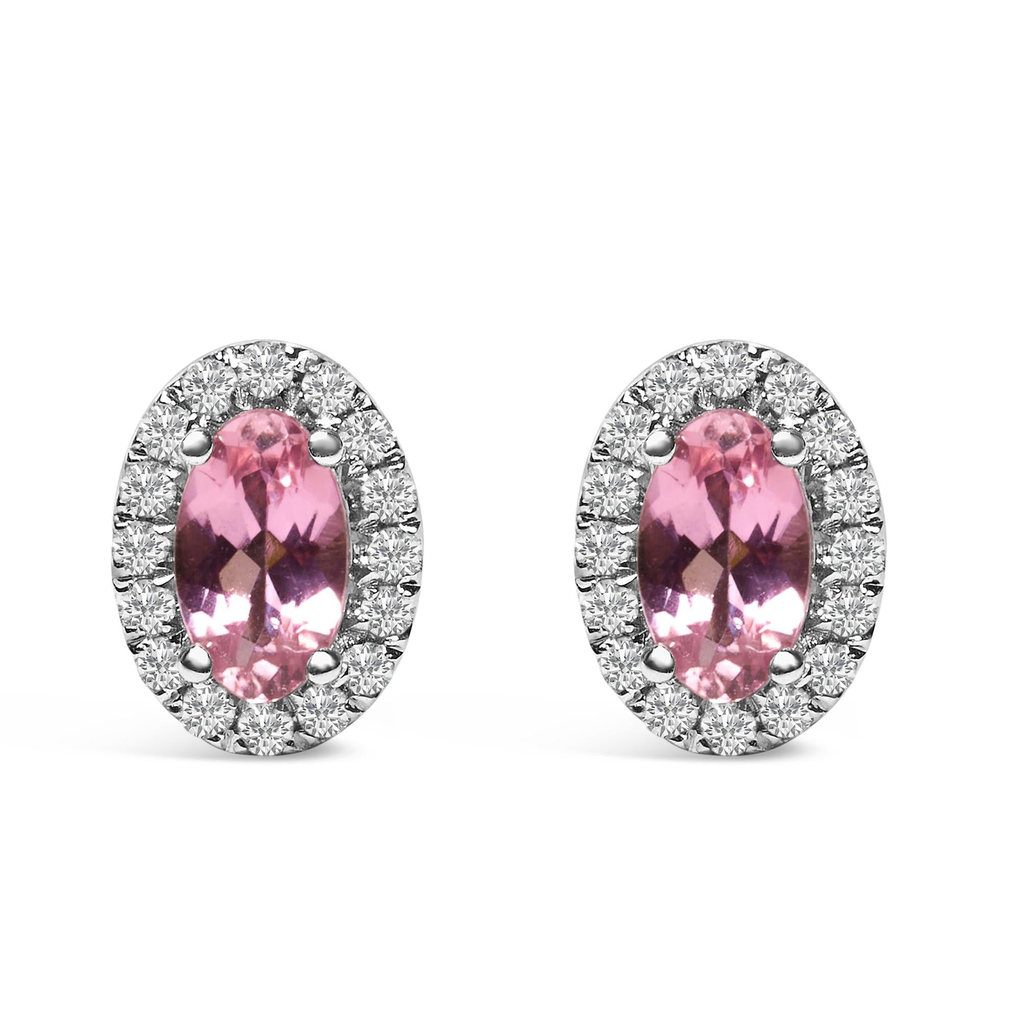 10K White Gold 5x3 MM Oval Cut Birthstone and Diamond Halo Stud Earrings (I-J Color, I1-I2 Clarity)