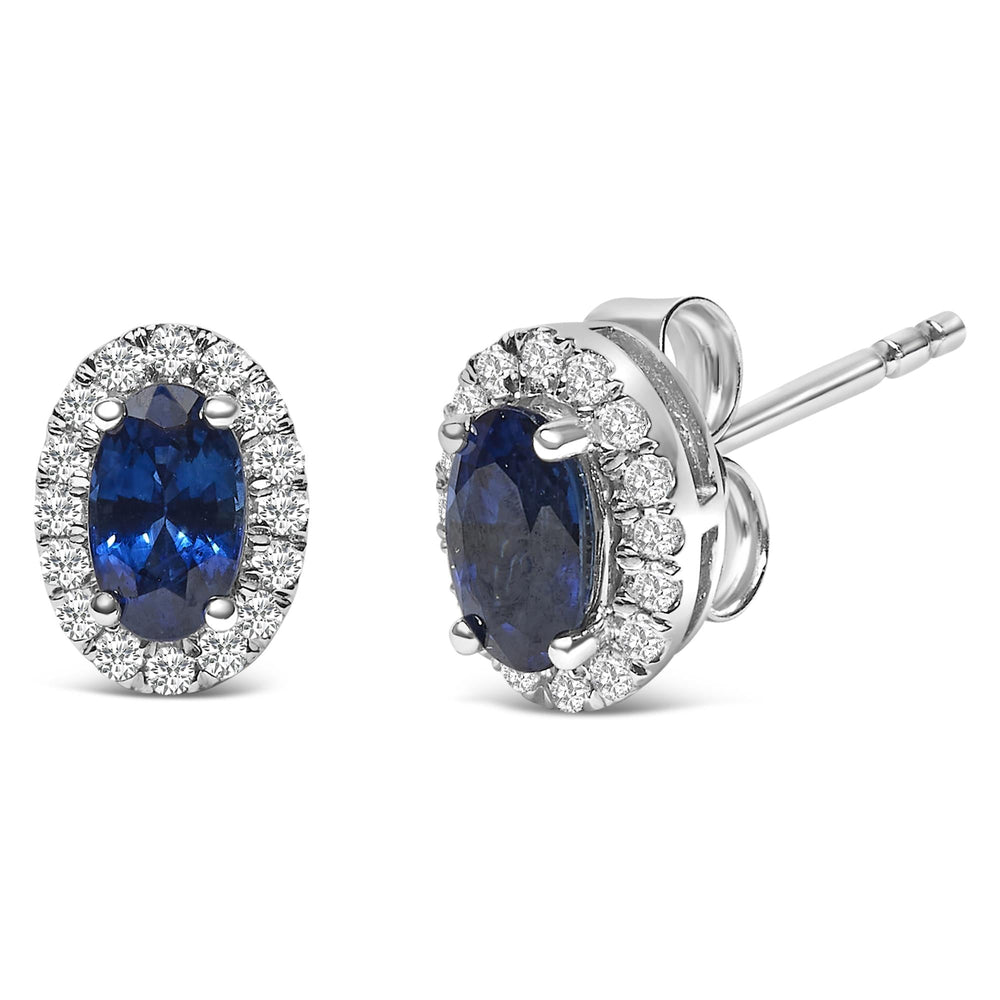 10K White Gold 5x3 MM Oval Cut Birthstone and Diamond Halo Stud Earrings (I-J Color, I1-I2 Clarity)