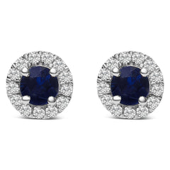 10K White Gold 3.25mm x 3.25mm Round Blue Sapphire and 1/10 Cttw Diamond Halo Stud Earrings (I-J Color, I1-I2 Clarity)