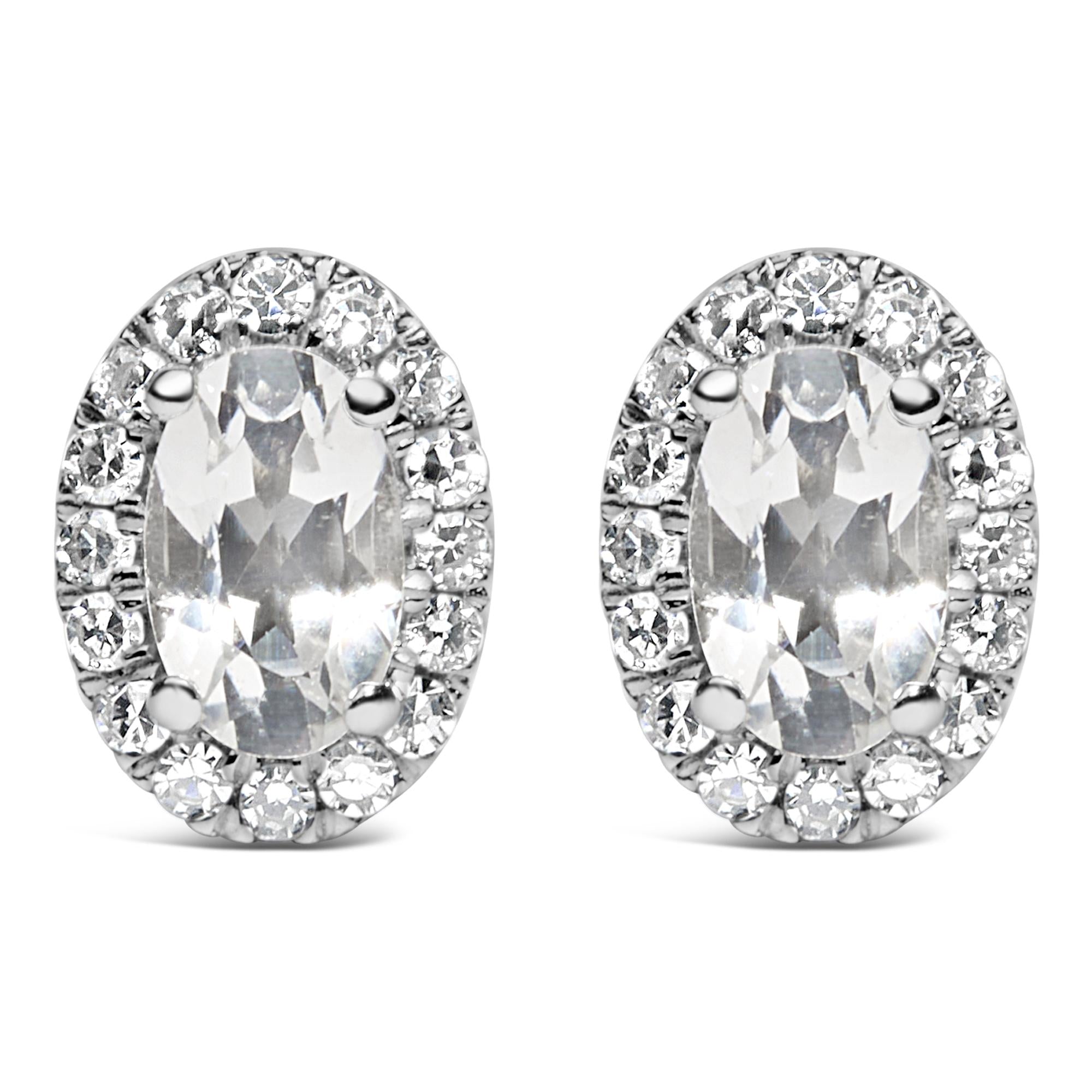 10K White Gold 5x3 MM Oval Cut Birthstone and Diamond Halo Stud Earrings (I-J Color, I1-I2 Clarity)