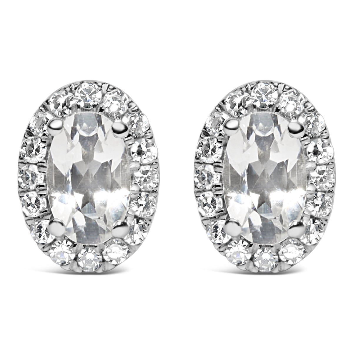 10K White Gold 5x3 MM Oval Cut Birthstone and Diamond Halo Stud Earrings (I-J Color, I1-I2 Clarity)