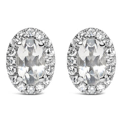 10K White Gold 5x3 MM Oval Cut Birthstone and Diamond Halo Stud Earrings (I-J Color, I1-I2 Clarity)