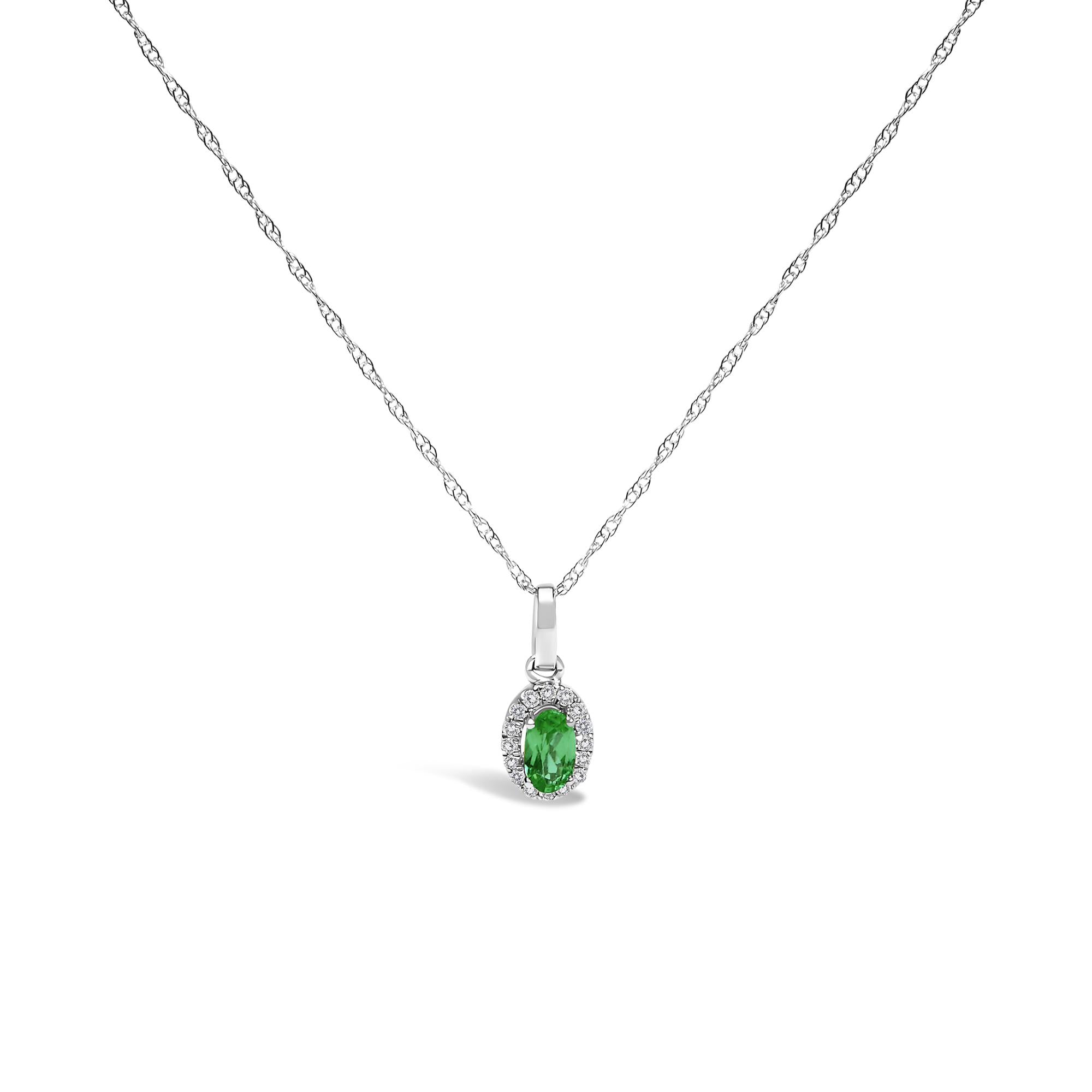 10K White Gold 5x3mm Gemstone and Diamond Accent Halo Oval Shape 18" Pendant Necklace (I-J Color, I1-I2 Clarity)