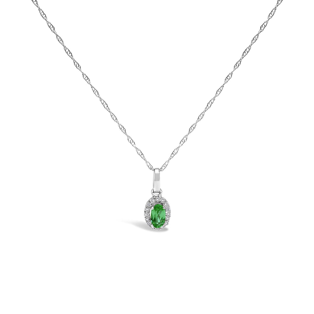 10K White Gold 5x3mm Gemstone and Diamond Accent Halo Oval Shape 18" Pendant Necklace (I-J Color, I1-I2 Clarity)