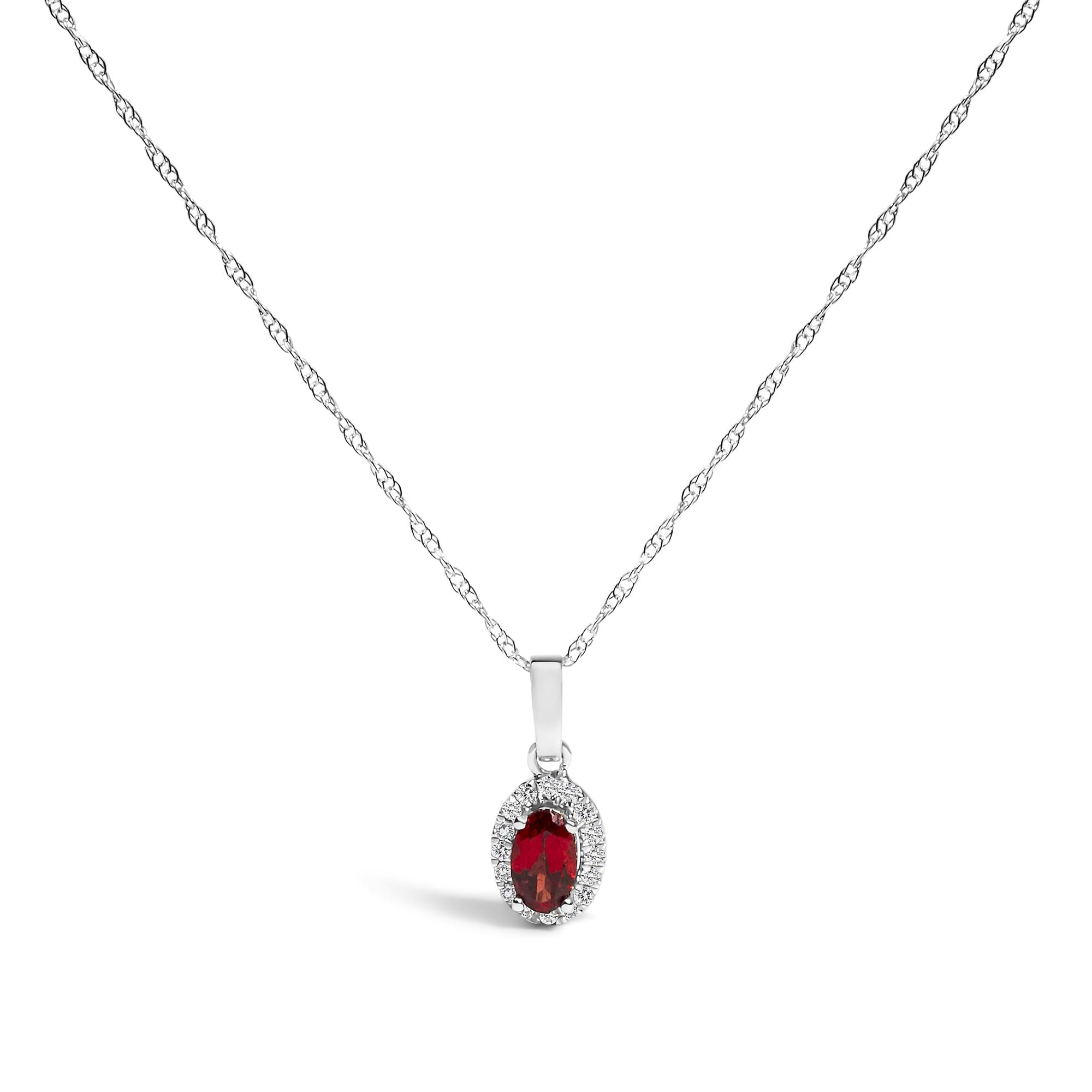 10K White Gold 5x3mm Gemstone and Diamond Accent Halo Oval Shape 18" Pendant Necklace (I-J Color, I1-I2 Clarity)