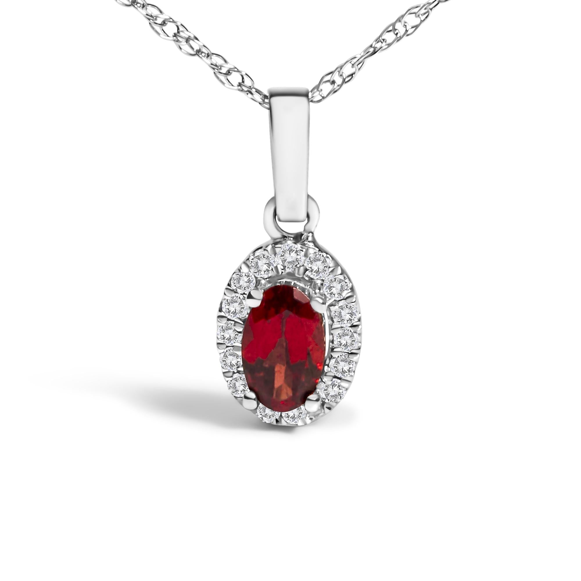 10K White Gold 5x3mm Gemstone and Diamond Accent Halo Oval Shape 18" Pendant Necklace (I-J Color, I1-I2 Clarity)